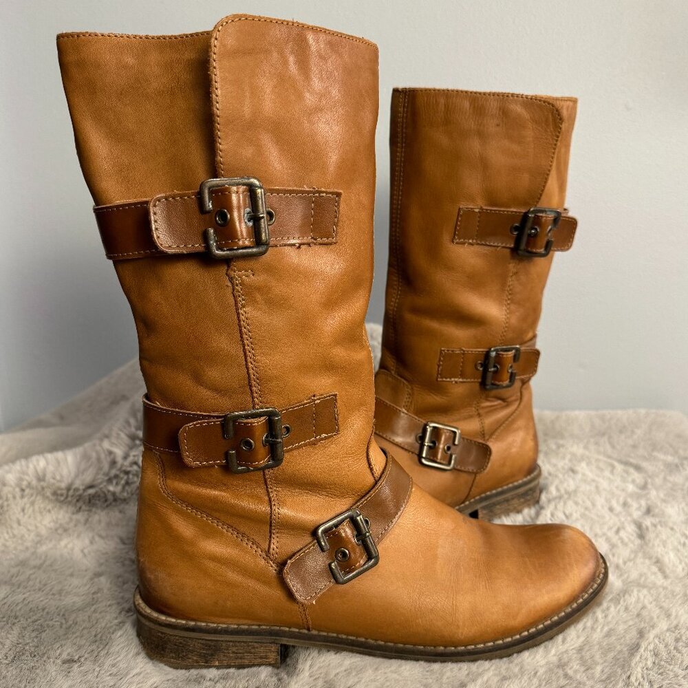 Remonte | Tan Leather Buckle Mid-Calf Combat Boots